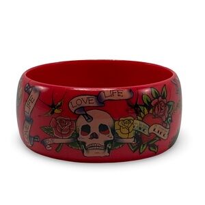 Ed Hardy Vintage Red Tattoo Flash Wide Bangle Bracelet Skull Love Life